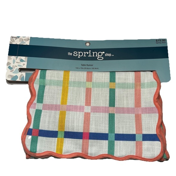 The Spring Shop Multicolored Plaid Table Runner Scallop Edging 14x72 New - Picture 1 of 4